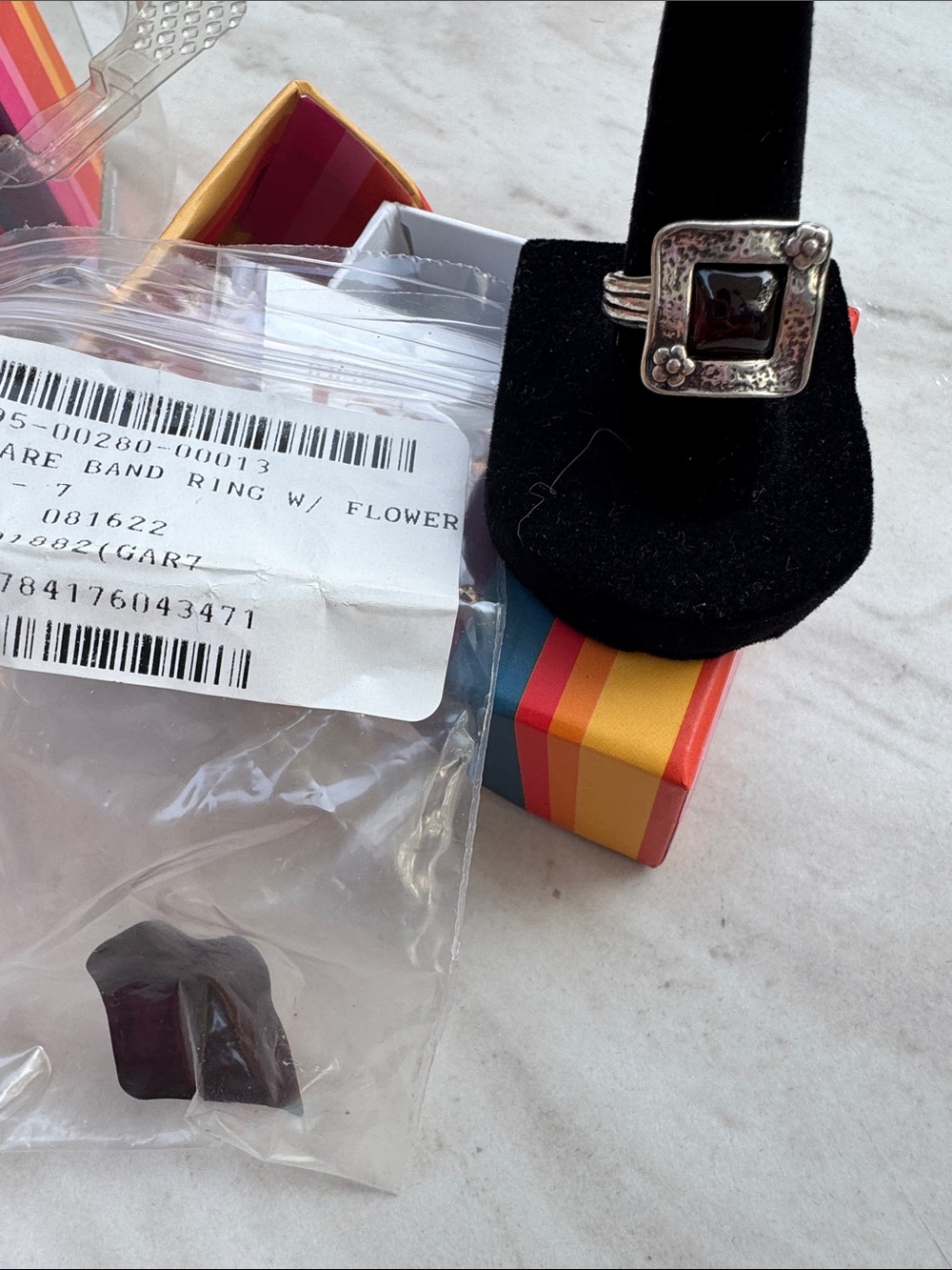 Sterling Silver Square Floral Ring with Dark Purple Stone